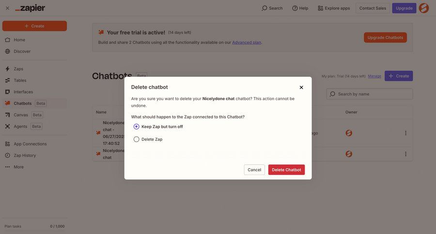 Zapier
			 data management settings account management delete confirmation ui page example