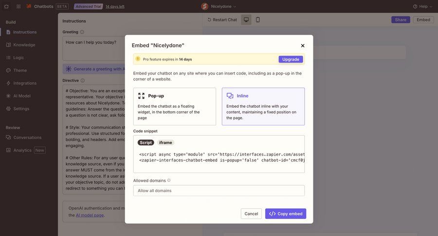 Zapier
			content editor modal & popover upgrade your account embed modal screen configuration chatbot ui page example