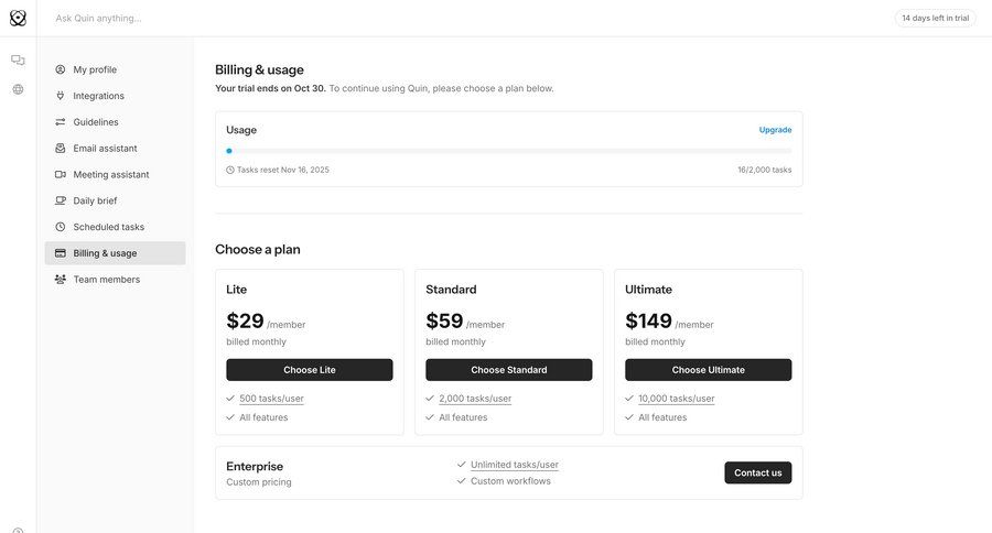 Quin
				plans & pricing (in app) ui page example