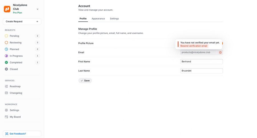 UserJot
			profile form verification account settings workspace settings settings account management form account settings save changes email verification alert ui page example