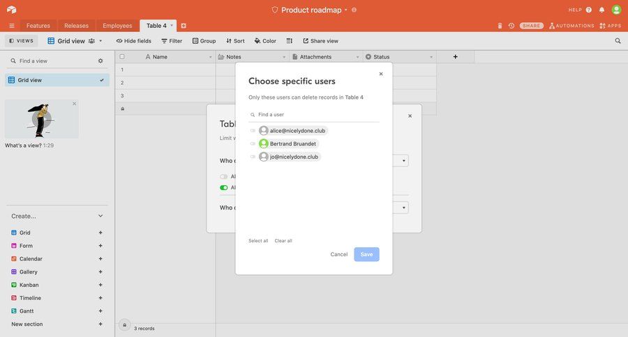 Airtable specific user selection screen example
