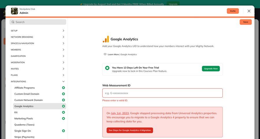 Mighty
			 configuration settings sidebar navigation onboarding form integration setup free trial alert setup documentation ui page example