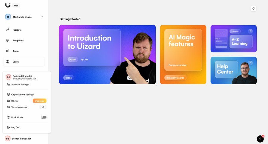 Uizard
			 settings dashboard sidebar navigation account management onboarding account settings getting started sidebar menu dark ui modern cards ui organization settings ui page example