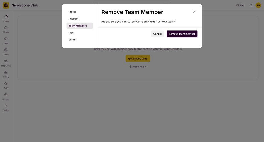Outseta
			modal & popover team settings remove teammate settings sidebar navigation user management account management confirmation cancel action ui page example