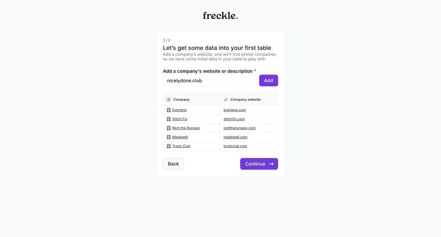 Freckle
			 modal screen data management onboarding form progress indicator data analysis data entry table ui page example