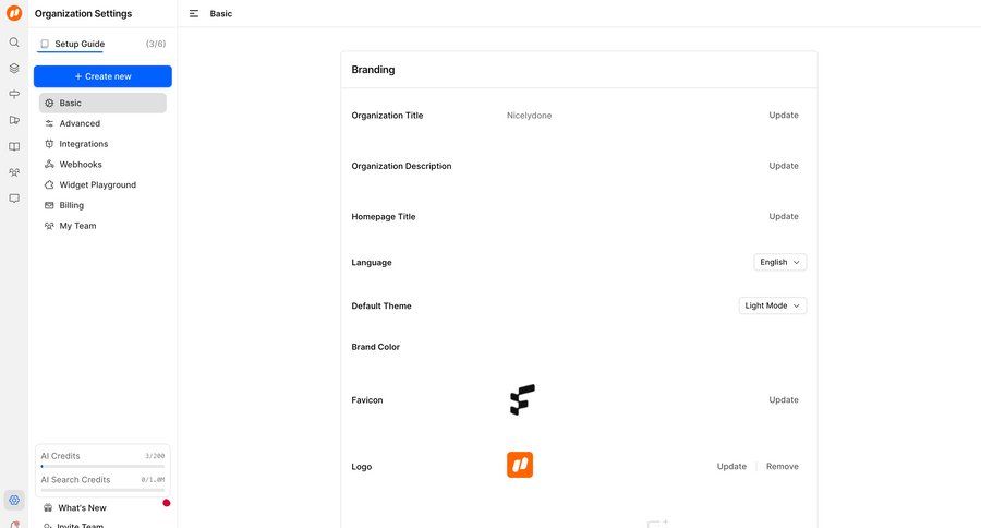 FeatureOS
			 configuration settings form account setup progress indicator sidebar progress bar organization settings ui page example