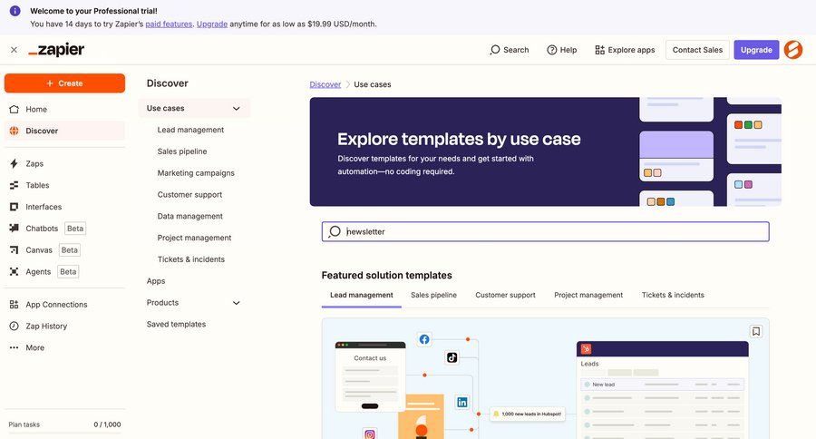 Zapier
			 sidebar navigation grid workflow automation templates template library template selection sidebar search bar ui page example