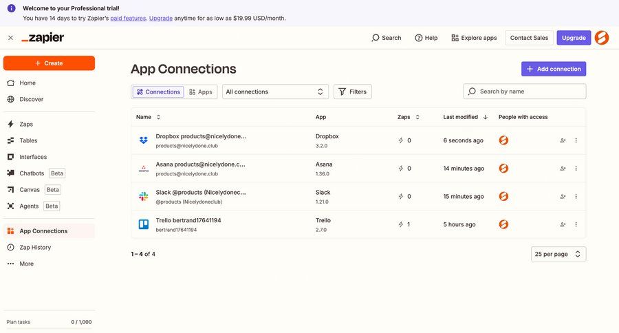 Zapier
			 settings onboarding account setup full-screen layout table headers data display sidebar menu table search bar ui page example