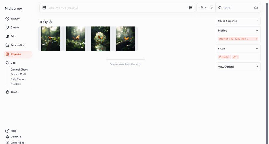 Midjourney
			 dashboard sidebar navigation artificial intelligence grid full-screen layout content discovery dropdown filters image gallery ui page example