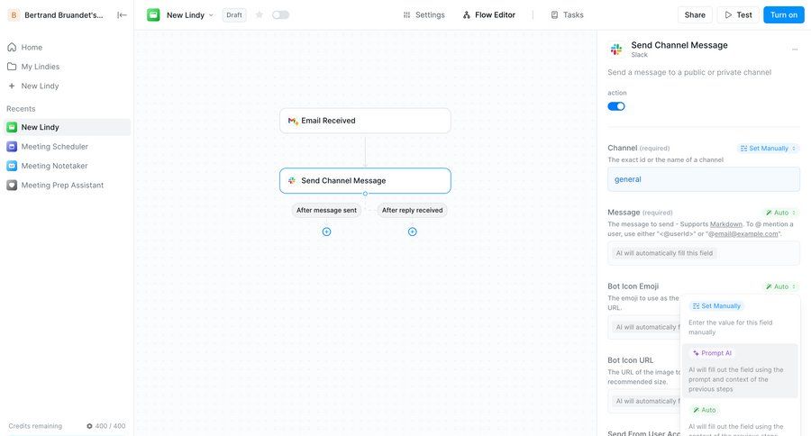 Lindy
			 configuration settings sidebar navigation workflow form automation workflow automation integration setup workflow configuration ai assistance sidebar integration ui page example
