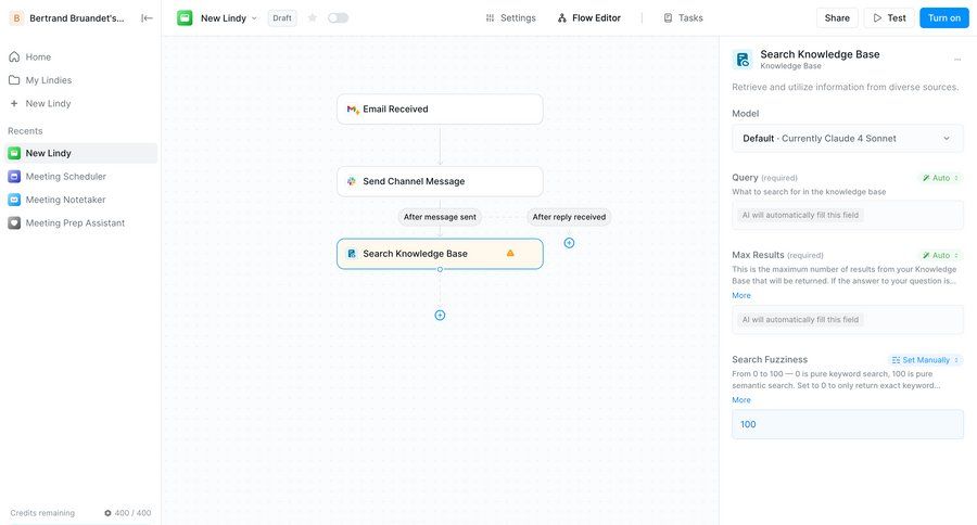 Lindy
			 configuration sidebar navigation artificial intelligence grid workflow form automation editor workflow automation knowledge base workflow editor sidebar ui page example