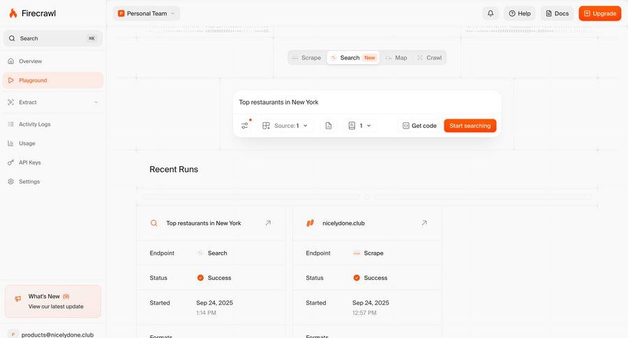 Firecrawl
			 dashboard sidebar menu recent activity search results ui page example