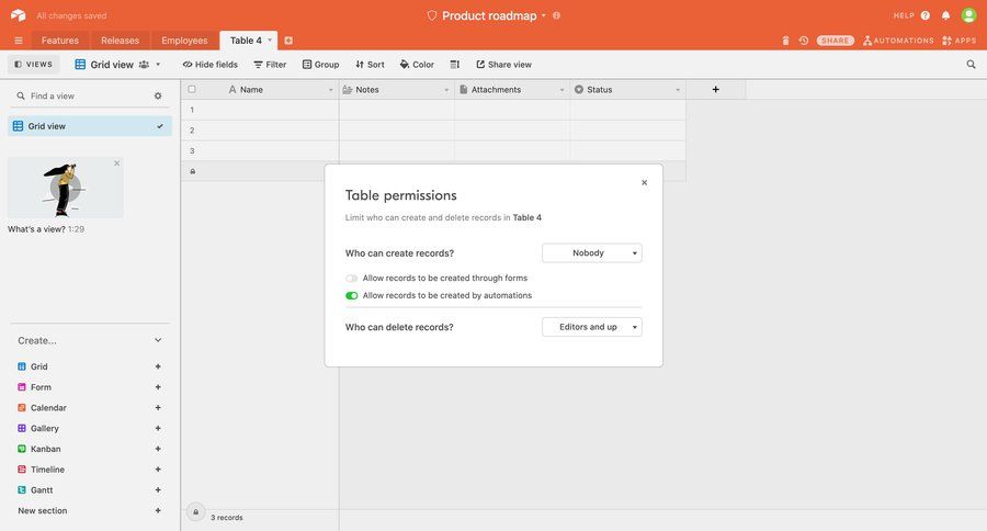 Airtable setting deletion permissions screen example