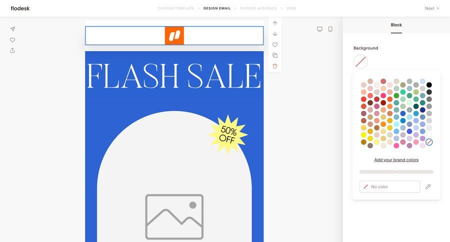 Flodesk
			 modal screen e-commerce editor design color selection wysiwyg announcement ui page example