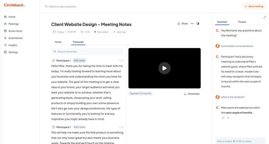 Circleback
			 collaboration full-screen layout menu review meeting transcript ui page example