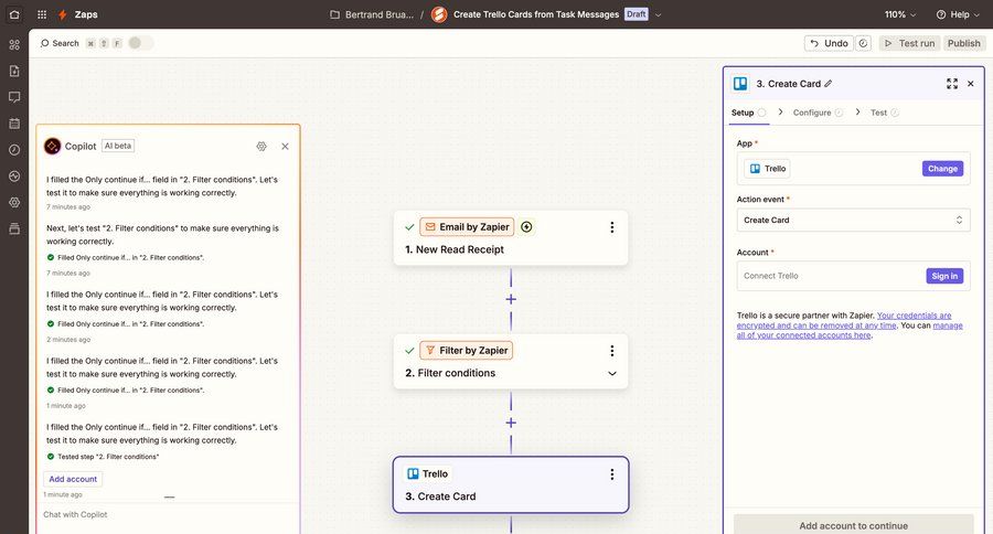 Zapier
			 modal screen configuration account management workflow form automation progress indicator workflow creation full screen modal setup integration ui page example